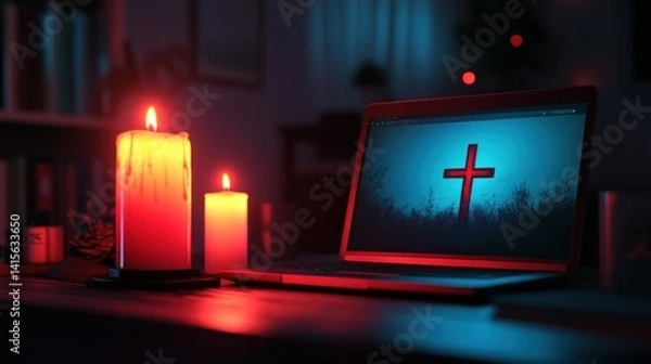 Fototapeta Laptop displaying cross image, with candles in a dimly lit room