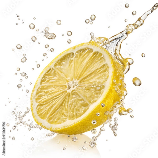 Fototapeta Fresh Lemon Splash with Sliced Citrus Isolated on White Background – High Resolution Fruit Concept Image