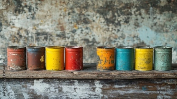 Fototapeta Paint cans with hazardous waste leftovers, such as shellac and varnish, set against a simple background with copy space