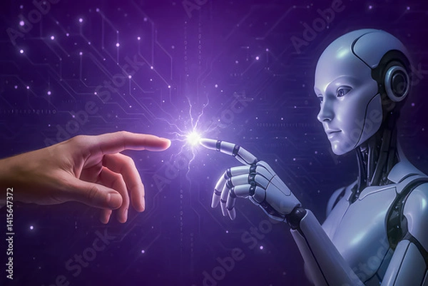 Fototapeta Futuristic illustration of the human hand and a robot's fingers touching, sparking a bright light. Symbolizing technological progress, connection and artificial intelligence