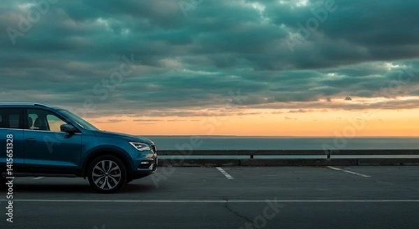 Fototapeta Teal SUV Parked Above Ocean at Sunset: Sleek Modern Vehicle Against Dramatic Cloudy Sky, Landscape Perspective, Automotive Imagery, Calm Seas