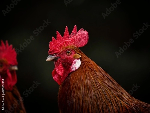 Fototapeta Closeup detailed headshot portrait of a wet chicken hen farm animal with orange brown feathers and red comb on top of the head standing in the rain