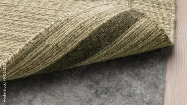 Fototapeta Detailed view of a textured rug unfolding partially over soft underlay in a cozy interior setting during daylight.
