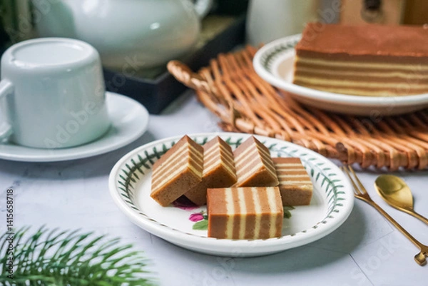 Fototapeta A traditional Indonesian steamed layer cake with alternating vibrant layers, showcasing a soft, moist texture and rich flavors, perfect for festive occasions.