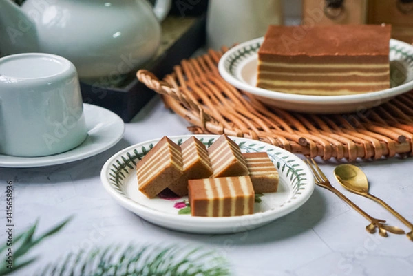 Fototapeta A traditional Indonesian steamed layer cake with alternating vibrant layers, showcasing a soft, moist texture and rich flavors, perfect for festive occasions.