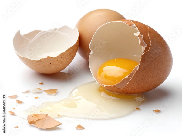 Fototapeta Broken Egg with Yolk and Shell on White Background Isolated – High-Resolution Food Image