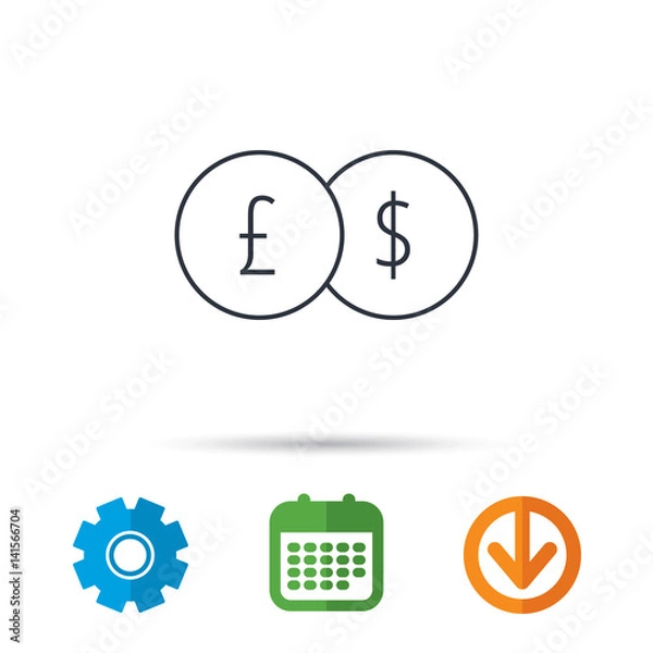Fototapeta Currency exchange icon. Banking transfer sign. Pound to Dollar symbol. Calendar, cogwheel and download arrow signs. Colored flat web icons. Vector