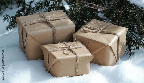 Fototapeta The photo shows three gift boxes wrapped in brown paper and tied with twine, placed on snow-covered