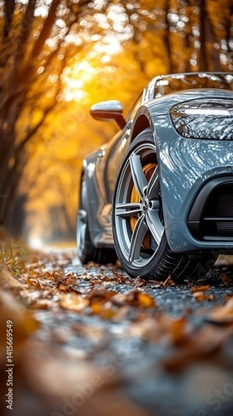 Fototapeta Sleek grey sports car drives through a tunnel of vibrant autumn trees