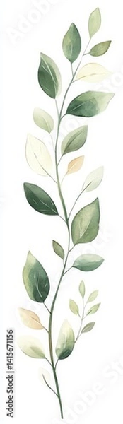 Fototapeta Delicate watercolor illustration of a green leafy branch with subtle color variations, isolated on white background.