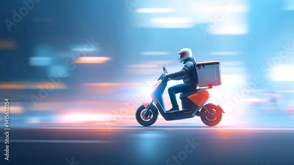 Fototapeta food delivery rider on scooter with thermal bag speeds through city street at night, creating dynamic and energetic scene with blurred lights