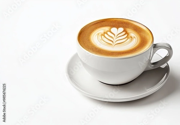 Fototapeta Elegant cappuccino with latte art in a white cup on a saucer placed on a clean, white surface.