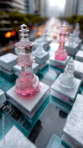 Fototapeta Futuristic Cityscape with Glass Chess Pieces in Cyberpunk Style