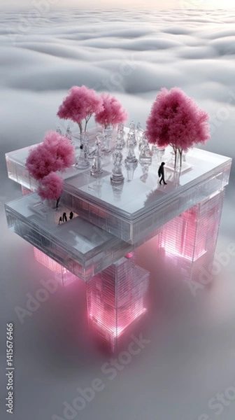 Fototapeta High-Altitude View of Surreal Chessboard in Fantasy City Landscape