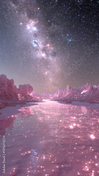 Fototapeta Surreal Night Scene with Golden Waterfalls and Luminous Particles