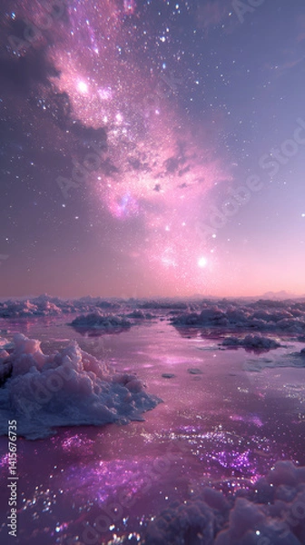 Fototapeta Enchanting Fantasy Scene with Pink Waterfalls and Starry Sky