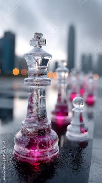 Fototapeta Futuristic City with Glass Chess Pieces in Cyberpunk Style