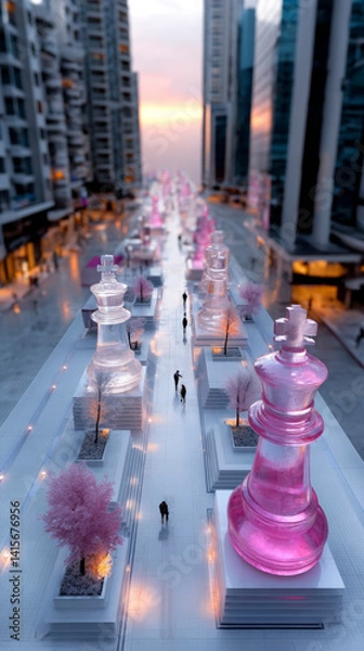 Fototapeta Cyberpunk City with Glass Chess Pieces from Above