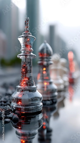 Fototapeta Drone View of Cyberpunk City with Glass Chess Pieces