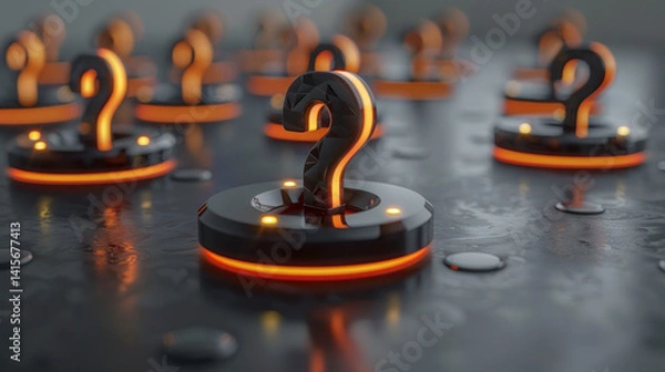 Obraz Illuminated Question Marks on Dark Surface - 3D Render