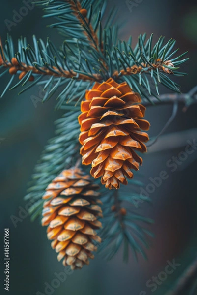 Fototapeta Realistic Pine Cones on a Branch in Artistic Style