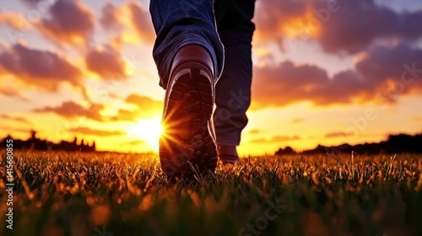 Fototapeta Walking towards the sunset field nature photography evening low angle journey of hope