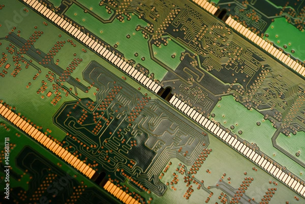 Obraz The green bar of RAM. The printed circuit board.