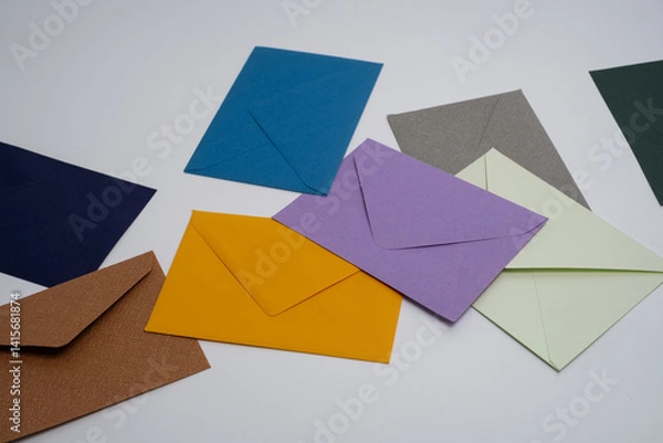 Obraz Paper envelopes on a light background. New mail, write a message. Send and receive mail. Postal delivery service. Empty envelope, empty space. Communication with people, paperwork. Envelope close-up