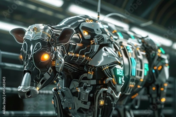 Fototapeta A futuristic rendering of a cybernetic cow with glowing orange lights and intricate mechanical details, A futuristic rendering of a cybernetic cow with metallic skin and glowing eyes