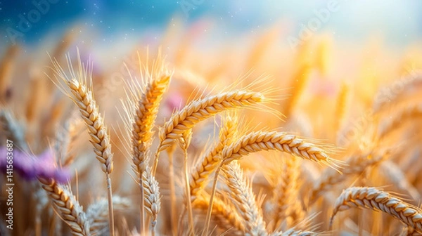 Fototapeta Golden wheat field under a sparkling sky close-up showcasing the texture and warm hues of the harvest with a dreamy g