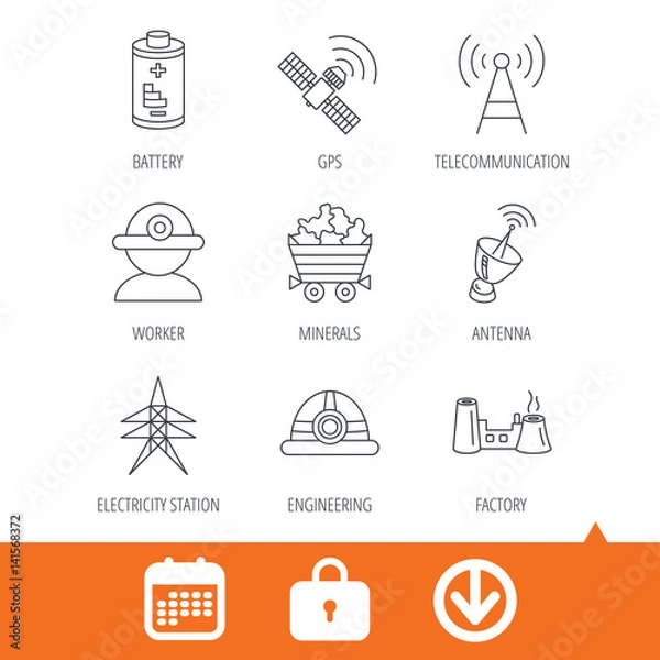 Fototapeta Worker, minerals and engineering helm icons. GPS satellite, electricity station and factory linear signs. Telecommunication, battery icons. Download arrow, locker and calendar web icons. Vector
