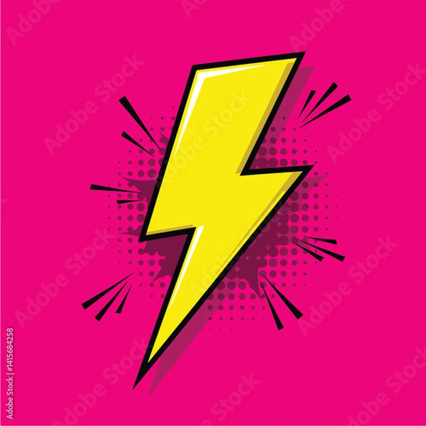Fototapeta bold pop art style vector of yellow lightning bolt with halftone burst on pink background