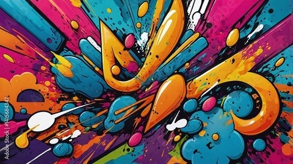 Fototapeta Abstract Comic Style Graffiti Colorful Digital Art Background: Vibrant Fluid Forms and Multi-Color Geometric Cartoon Shapes for Trendy Modern Design – Perfect for Placards, Banners, and Cover 