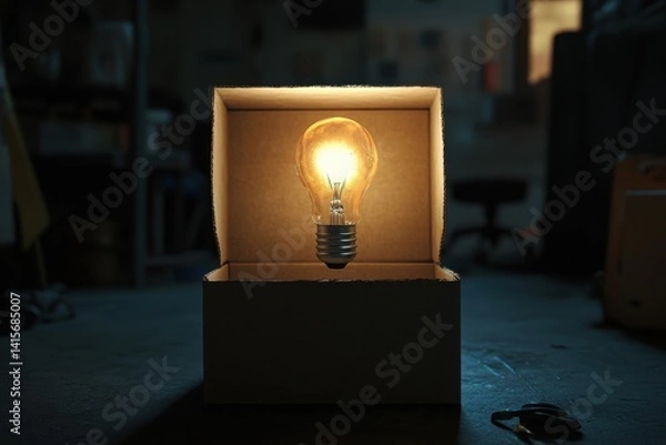 Fototapeta Glowing light bulb on open cardboard box. Photorealistic 3D render symbolizing creativity and innovation
