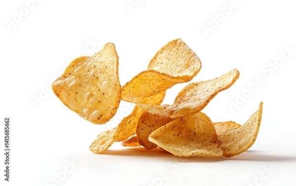 Obraz Crispy golden plantain chips levitate against a bright white background.  The chips are irregular in shape, showcasing a light dusting of seasoning. The image is clean and simple, highlighting the