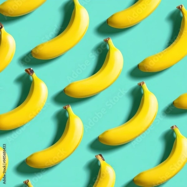 Fototapeta Repeating pattern of bright yellow bananas aligned on turquoise background, bold flat light, pop art poster vibe