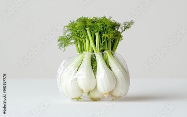 Obraz Fennel bulbs, wrapped in plastic, levitate against a solid white background.  The bright green fronds contrast with the pale white bulbs. The image is clean and minimalist