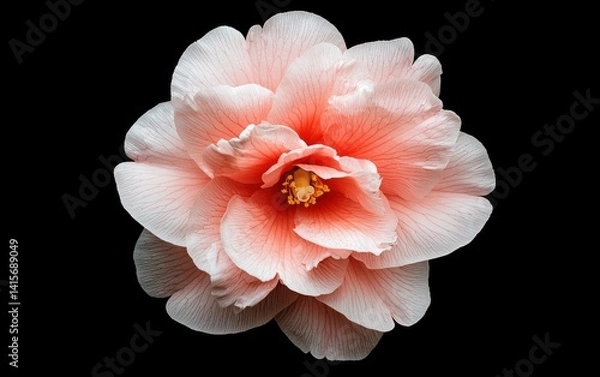 Obraz Close-up of a pale pink camellia flower with speckled petals, levitating against a stark black background. The image is sharply focused, showcasing the intricate details of the blossom. 