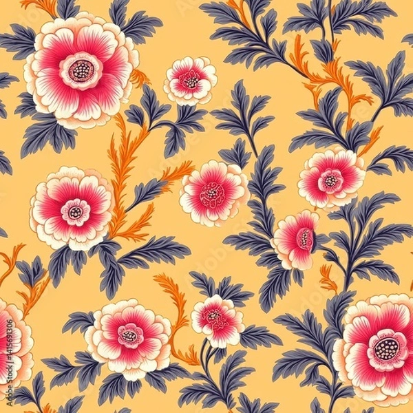 Fototapeta seamless pattern of Indian Mughal flower on orange background 