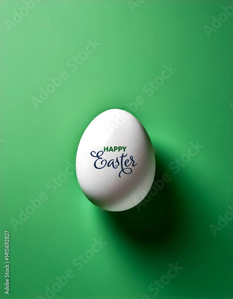 Fototapeta A single white egg with the phrase "Happy Easter" written on it, placed on a green background