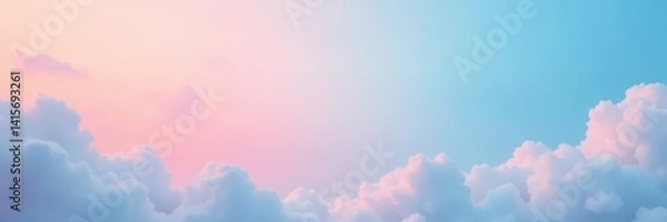 Fototapeta Soft pink to blue gradient background with fluffy white clouds and pastel sunset hues , clouds, sky
