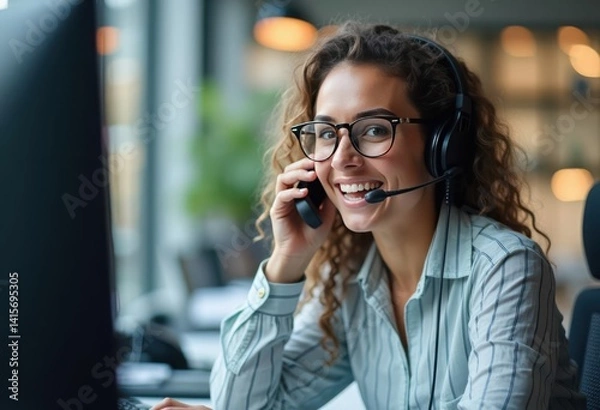 Obraz Businesswoman in headset smiling during remote meeting