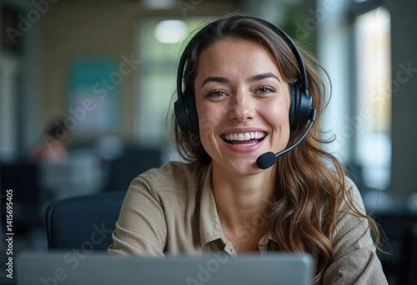 Obraz Cheerful woman wearing headset and enjoying virtual conversation