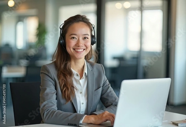 Obraz Smiling young woman wearing headphones while sitting at desk