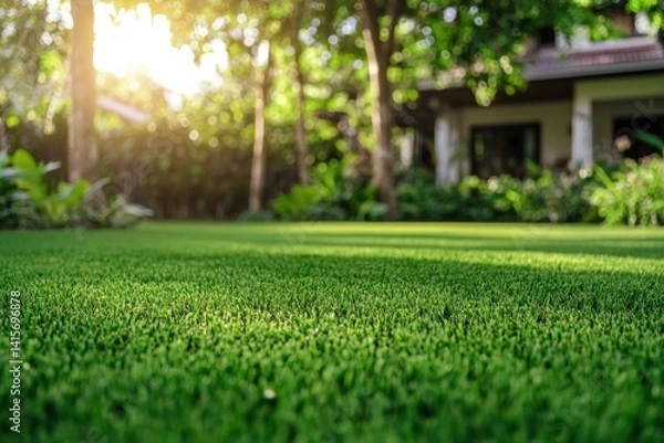 Fototapeta Sunlit garden with trees and house in the background on a bright day showcasing vibrant grass and patches of exposed soil Generative AI