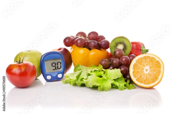 Fototapeta glucometer for glucose level and healthy organic food
