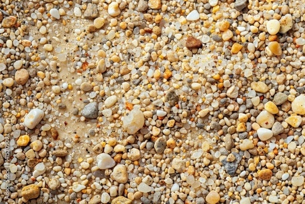 Fototapeta Close-up view of sand and small pebbles on a beach, including topaz, Fine granules of sand intermingling with coarse gravel