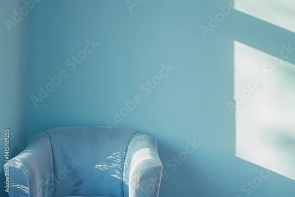 Fototapeta A light blue armchair sits in a room with blue walls. Sunlight casts a window shadow on the wall, A subtle gradient of light blue shades creating a soothing atmosphere