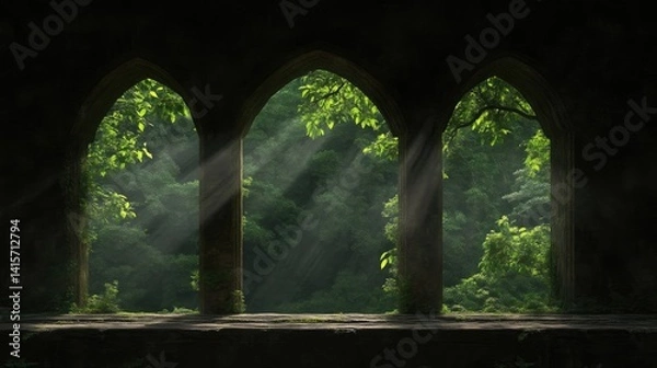 Fototapeta Sunlight streams through arched windows into a lush forest