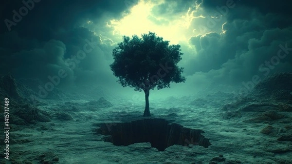 Obraz A lone tree stands on dry earth beneath swirling clouds at twilight
